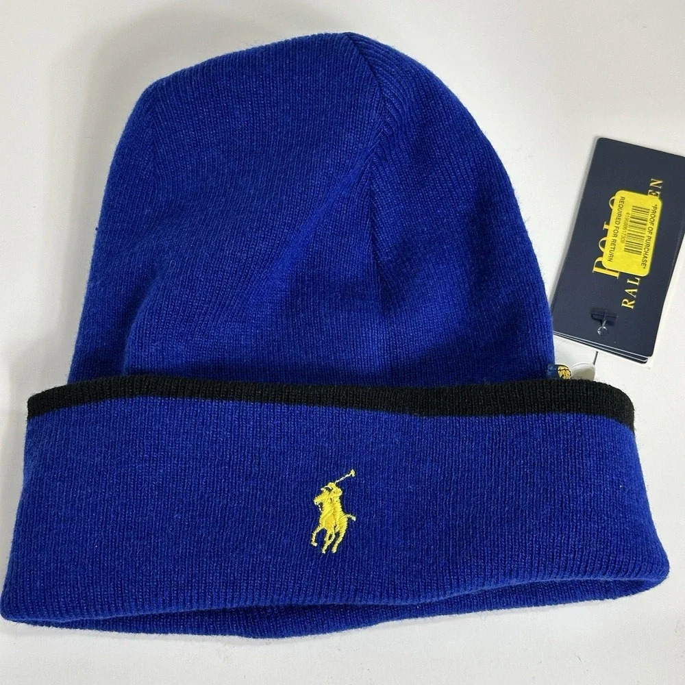 Polo Ralph Lauren Reversible Big Pony Knit Beanie Black Ski Hat Cap One Size NEW